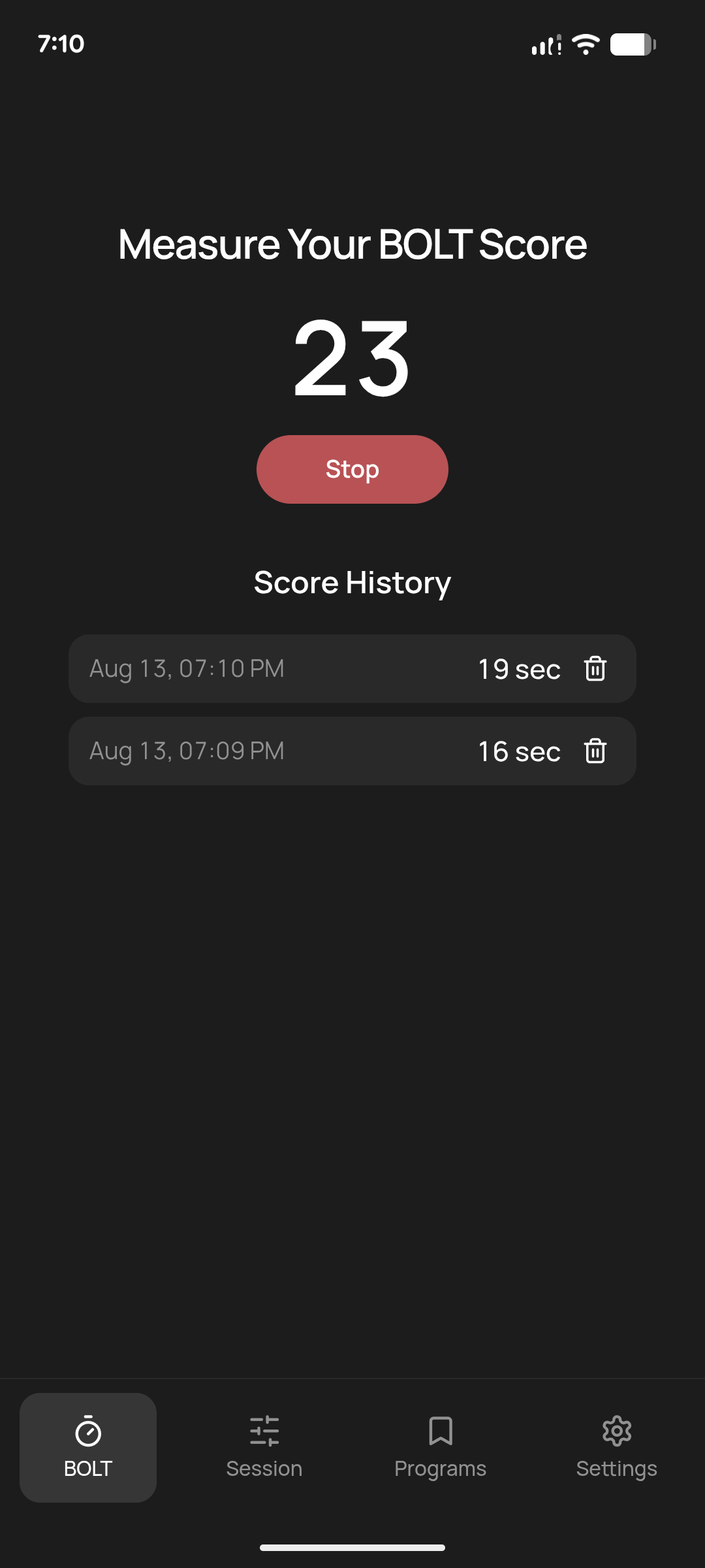 ParaBOLT BOLT Test screen showing the current score and score history