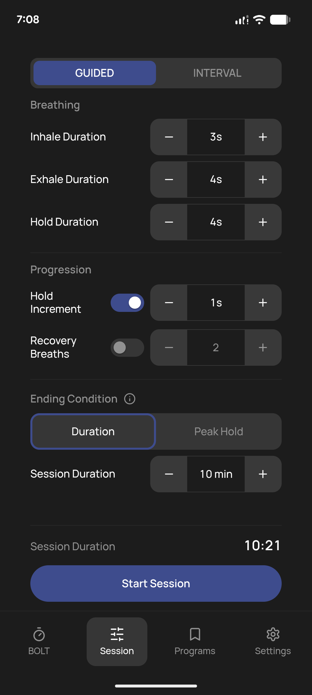ParaBOLT GUIDED session configuration screen